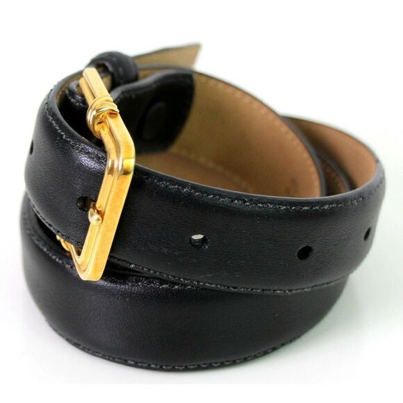 AUTH TIFFANY 1992 SOLID 18K 750 22g GOLD BUCKLE BLACK LEATHER SKINNY BELT 28 USA - Picture 6 of 12